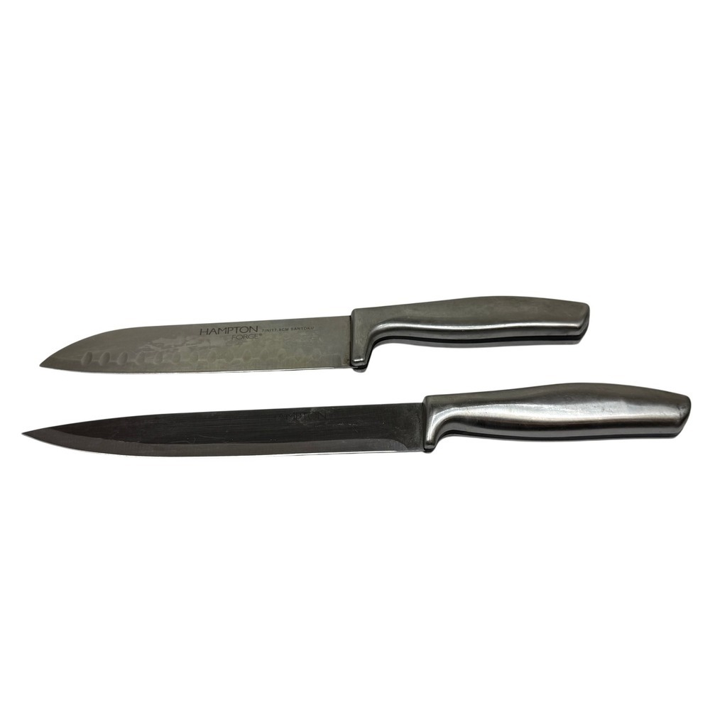Hampton Forge 2-Piece Knife Set: 7in Santoku & Slicer, Stainless Steel Handles